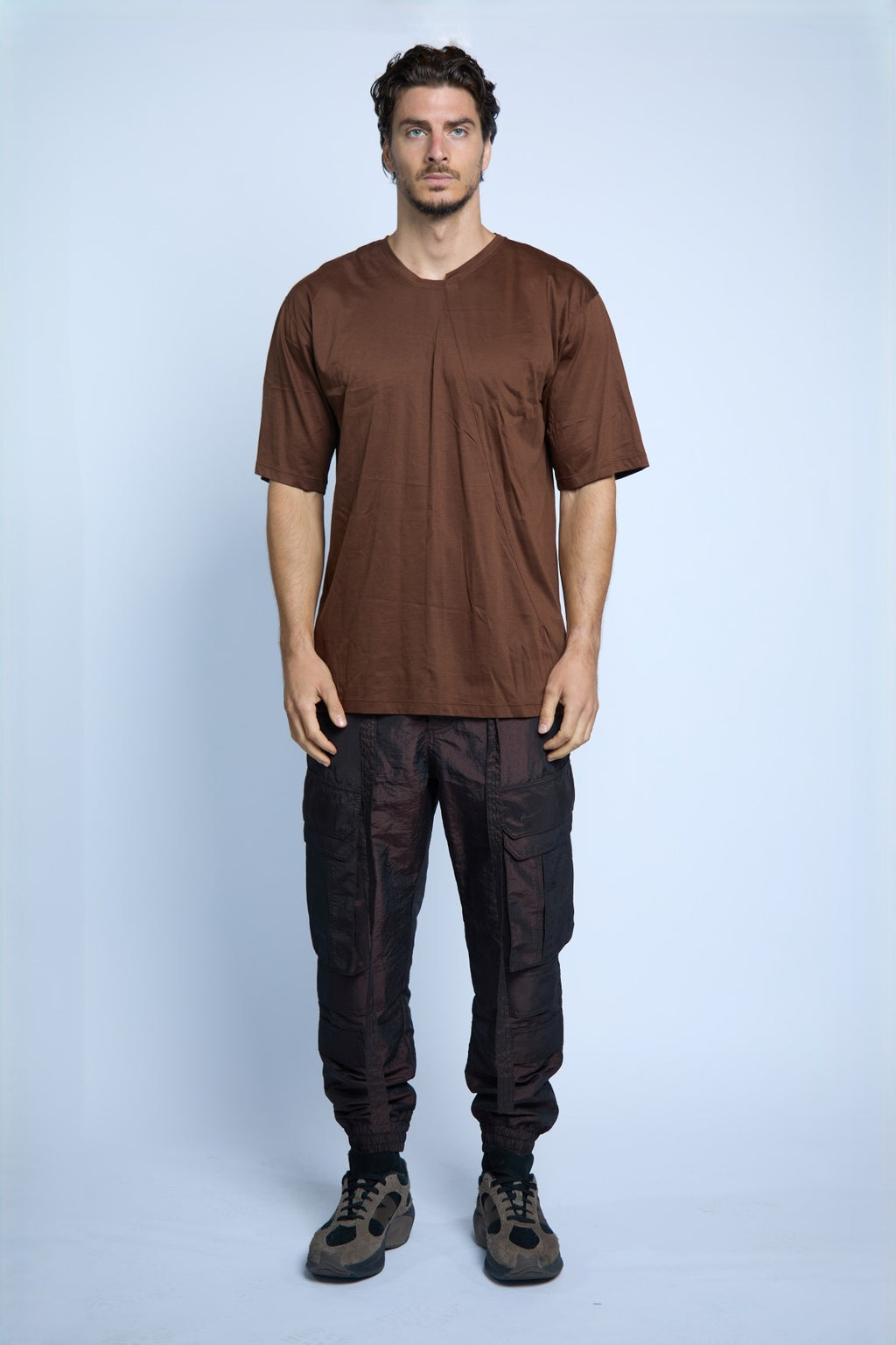 ASIMETRIC THREE QUARTER SLEEVE TSHIRT BROWN