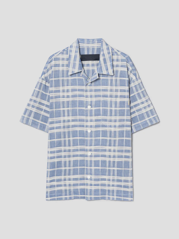 CAMISA DE MANGA CORTA DE CUELLO ABIERTO DE CUADROS SLUBBE AZUL