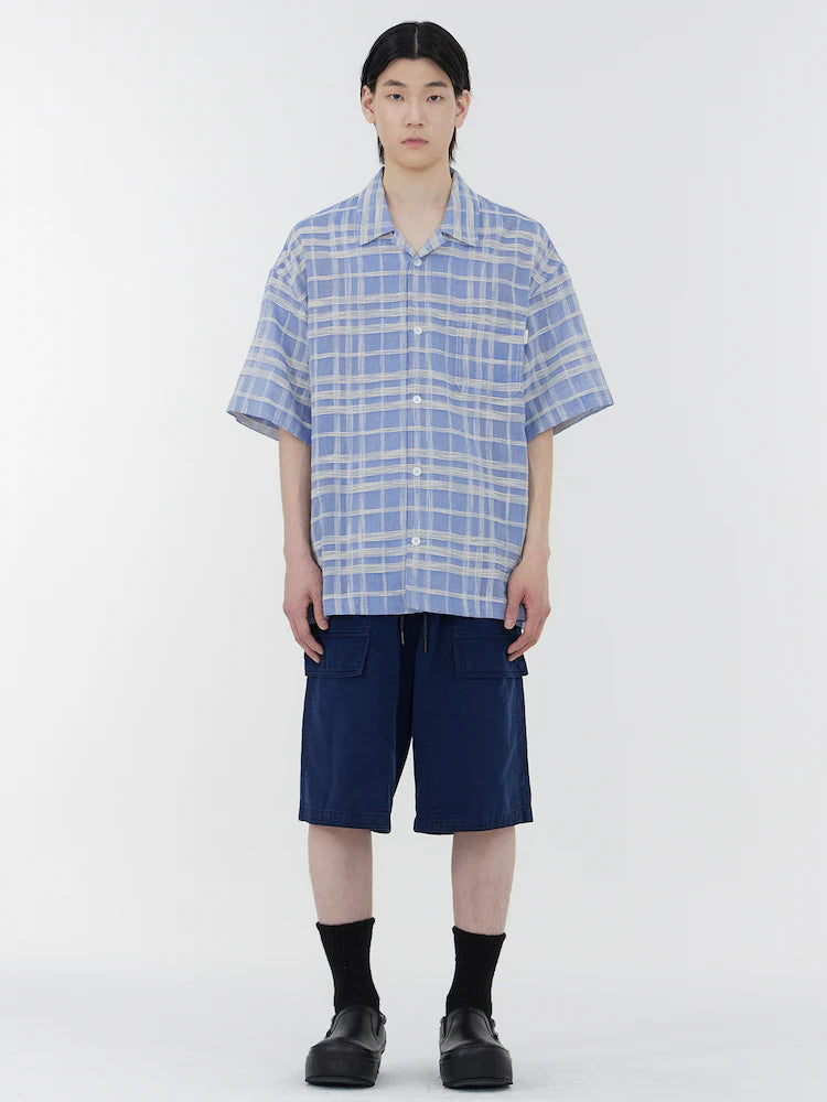 CAMISA DE MANGA CORTA DE CUELLO ABIERTO DE CUADROS SLUBBE AZUL