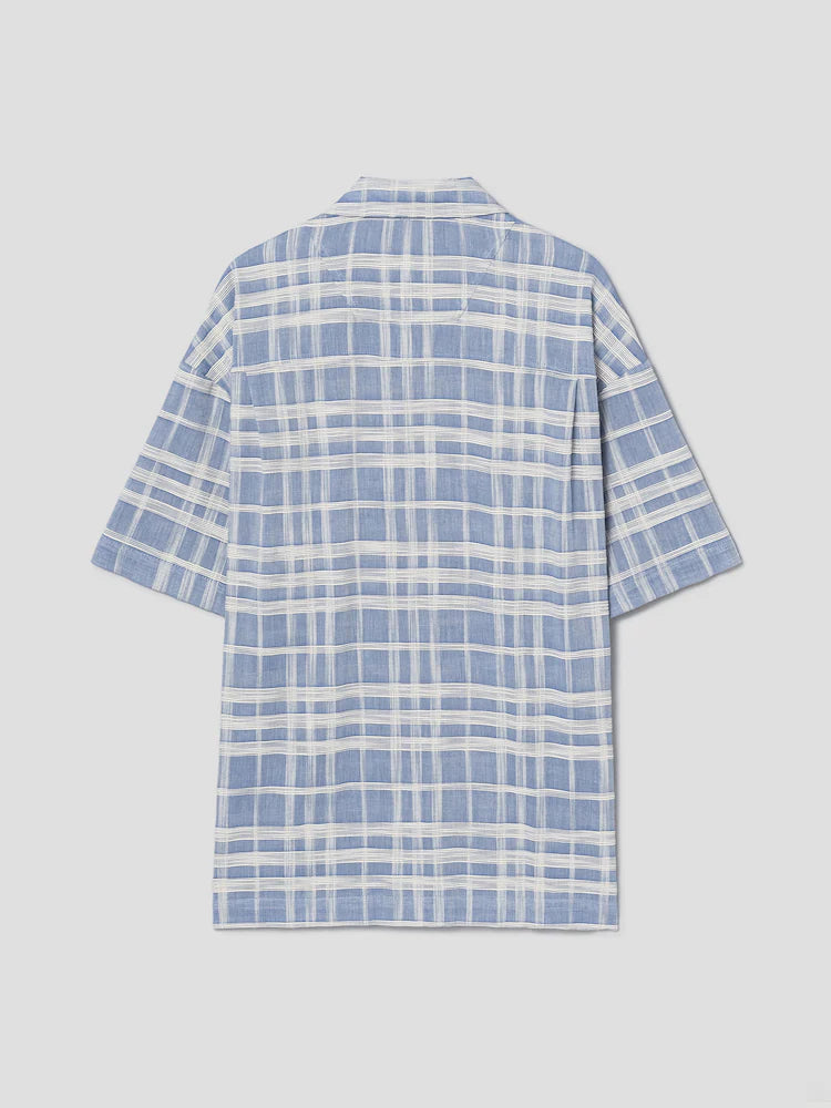 CAMISA DE MANGA CORTA DE CUELLO ABIERTO DE CUADROS SLUBBE AZUL