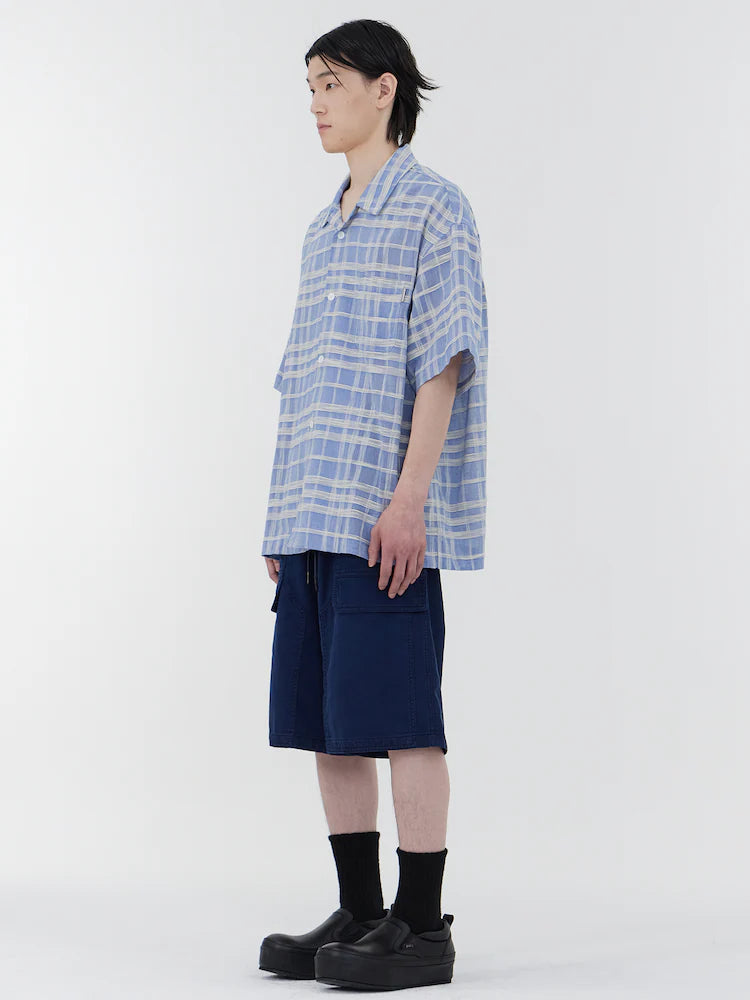 CAMISA DE MANGA CORTA DE CUELLO ABIERTO DE CUADROS SLUBBE AZUL