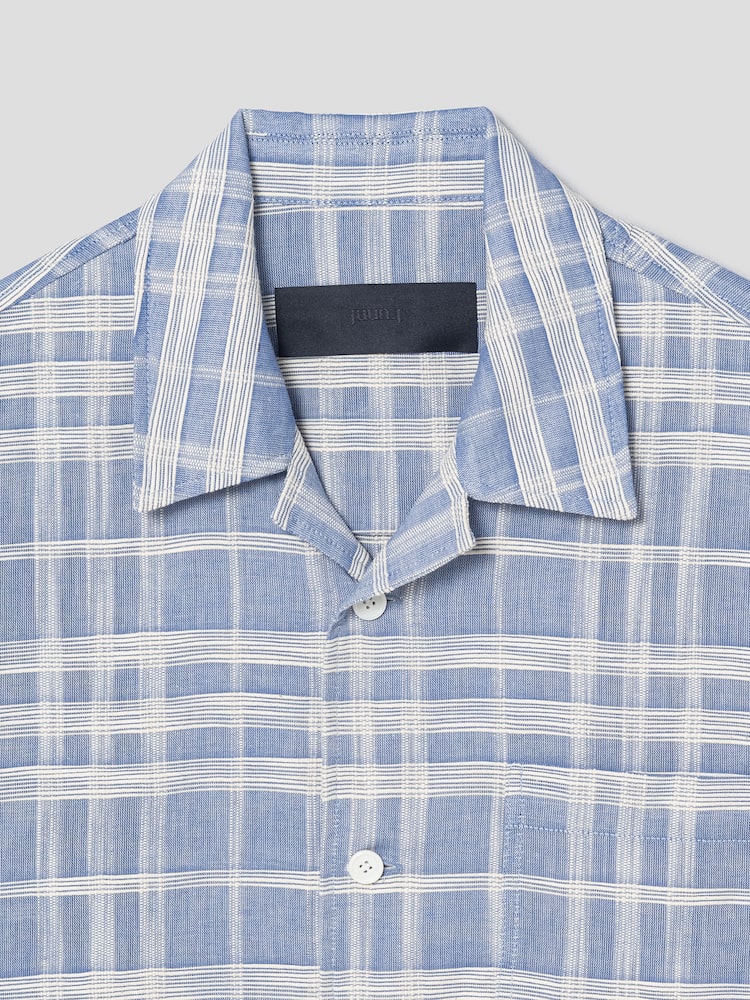 CAMISA DE MANGA CORTA DE CUELLO ABIERTO DE CUADROS SLUBBE AZUL