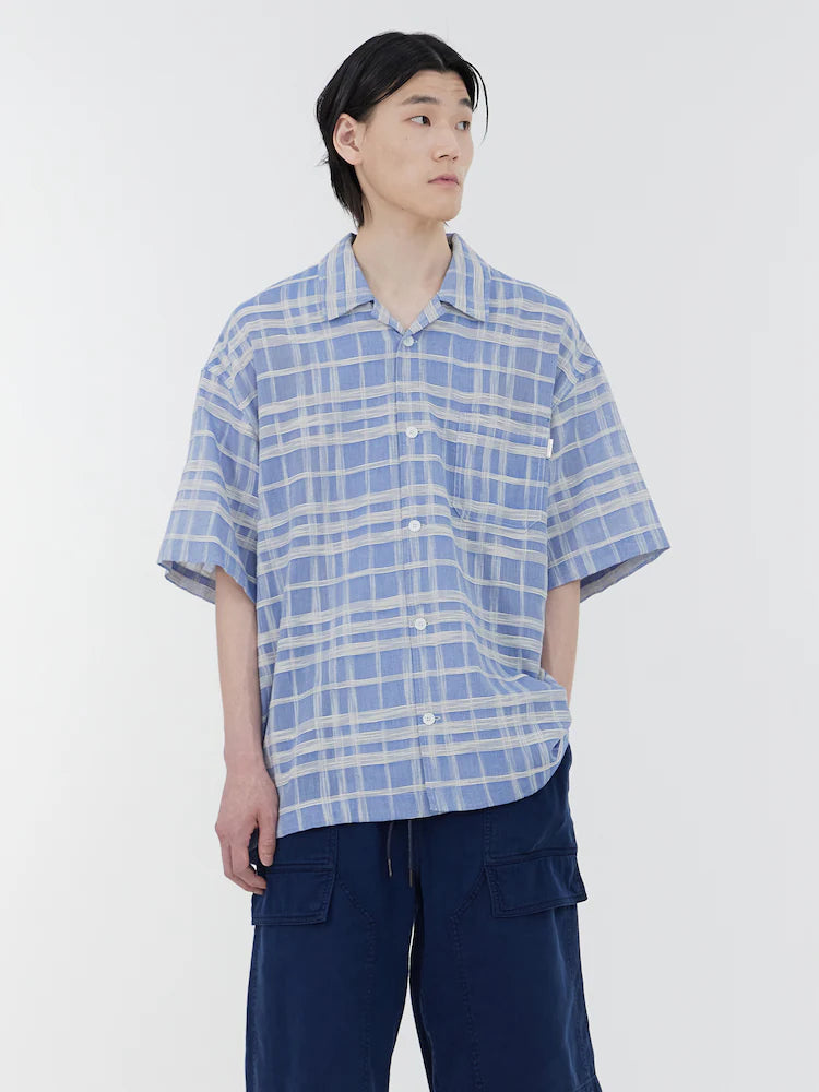 CAMISA DE MANGA CORTA DE CUELLO ABIERTO DE CUADROS SLUBBE AZUL
