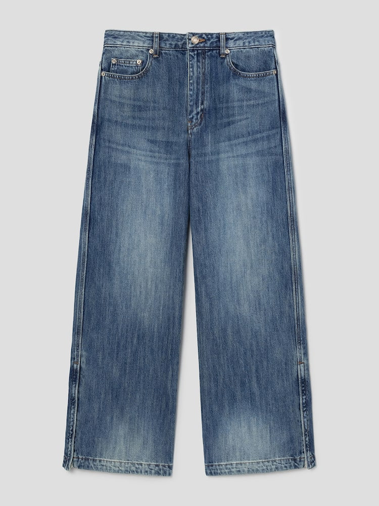 PANTALONES VAQUEROS AZULES CON CREMALLERA DETALLADA Y RIBETE LATERAL RECTO