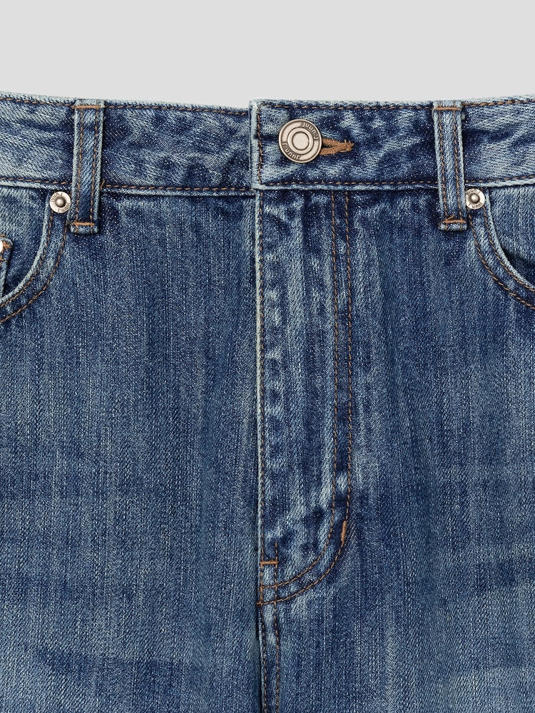 STRAIGHT SIDE PIPING ZIPPER DETAILED DENIM PANTS BLUE