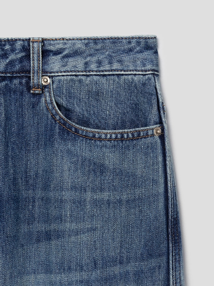 STRAIGHT SIDE PIPING ZIPPER DETAILED DENIM PANTS BLUE