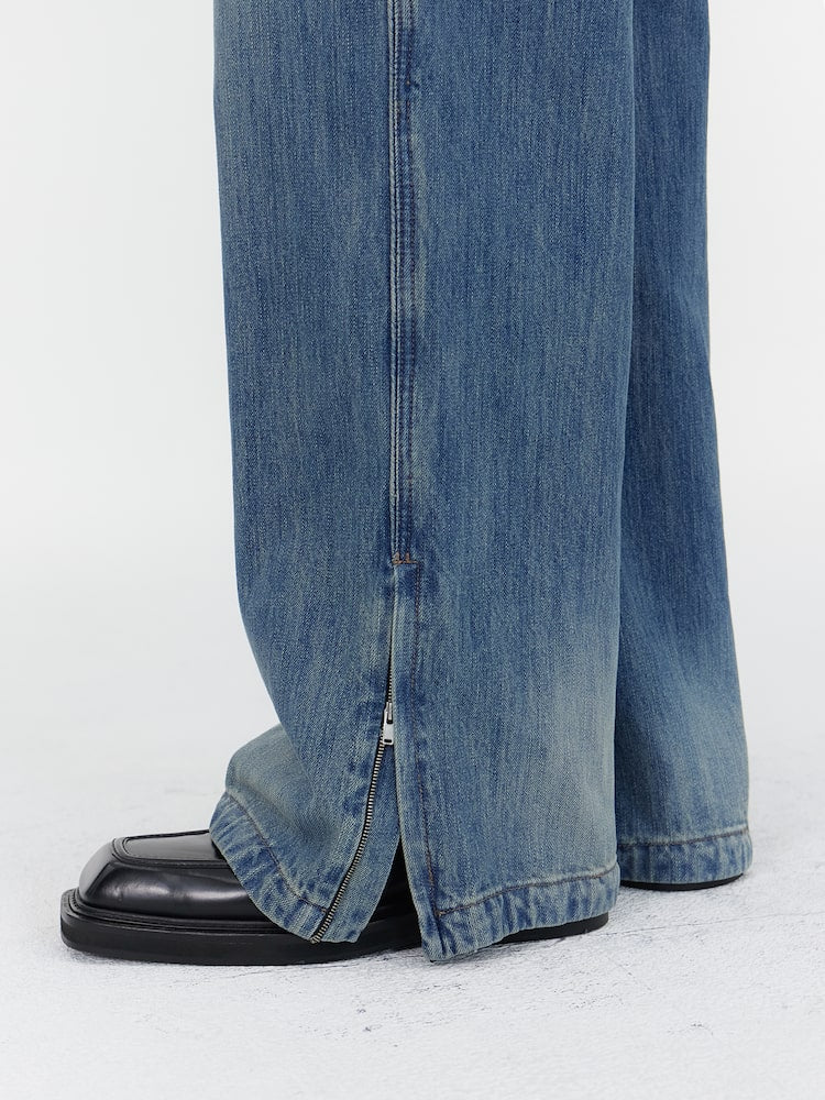 STRAIGHT SIDE PIPING ZIPPER DETAILED DENIM PANTS BLUE