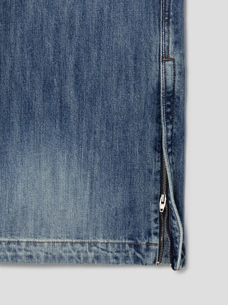 STRAIGHT SIDE PIPING ZIPPER DETAILED DENIM PANTS BLUE