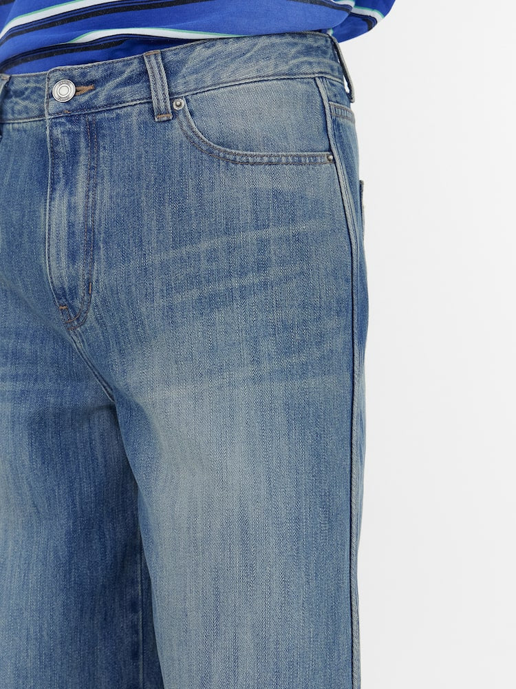 STRAIGHT SIDE PIPING ZIPPER DETAILED DENIM PANTS BLUE