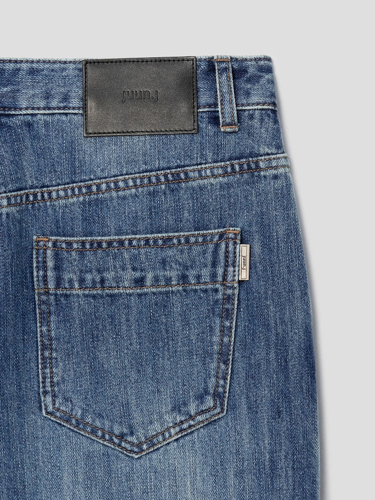 STRAIGHT SIDE PIPING ZIPPER DETAILED DENIM PANTS BLUE