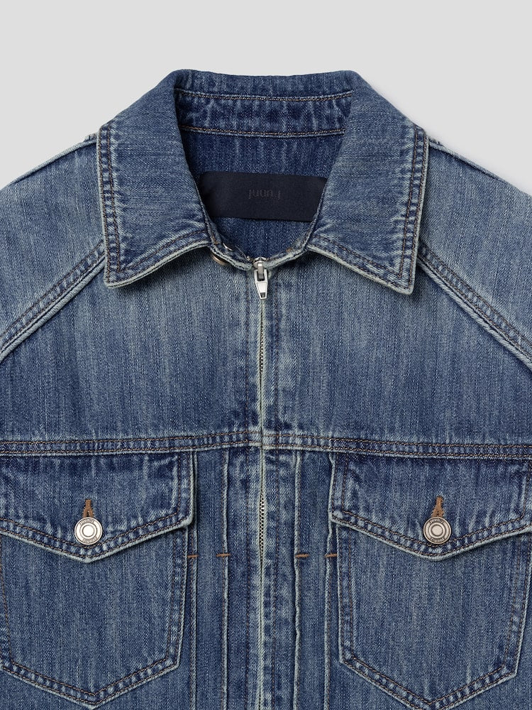 SIDE PIPING DENIM ZIP-UP TRUCKER BLUE