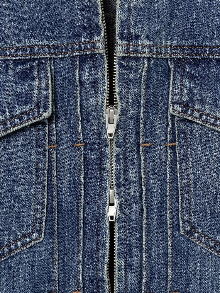 SIDE PIPING DENIM ZIP-UP TRUCKER BLUE