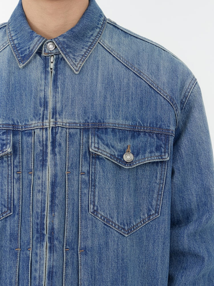 SIDE PIPING DENIM ZIP-UP TRUCKER BLUE