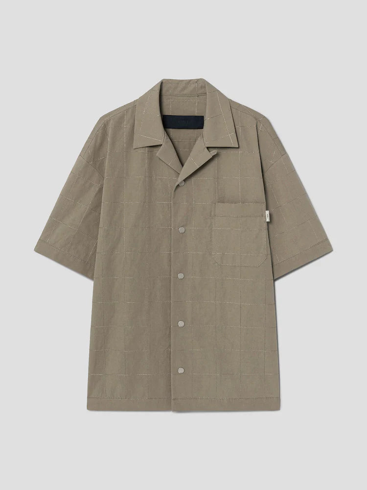SQUARE STITCH LINEN OPEN COLLAR SHORT SLEEVE SHIRT BEIGE