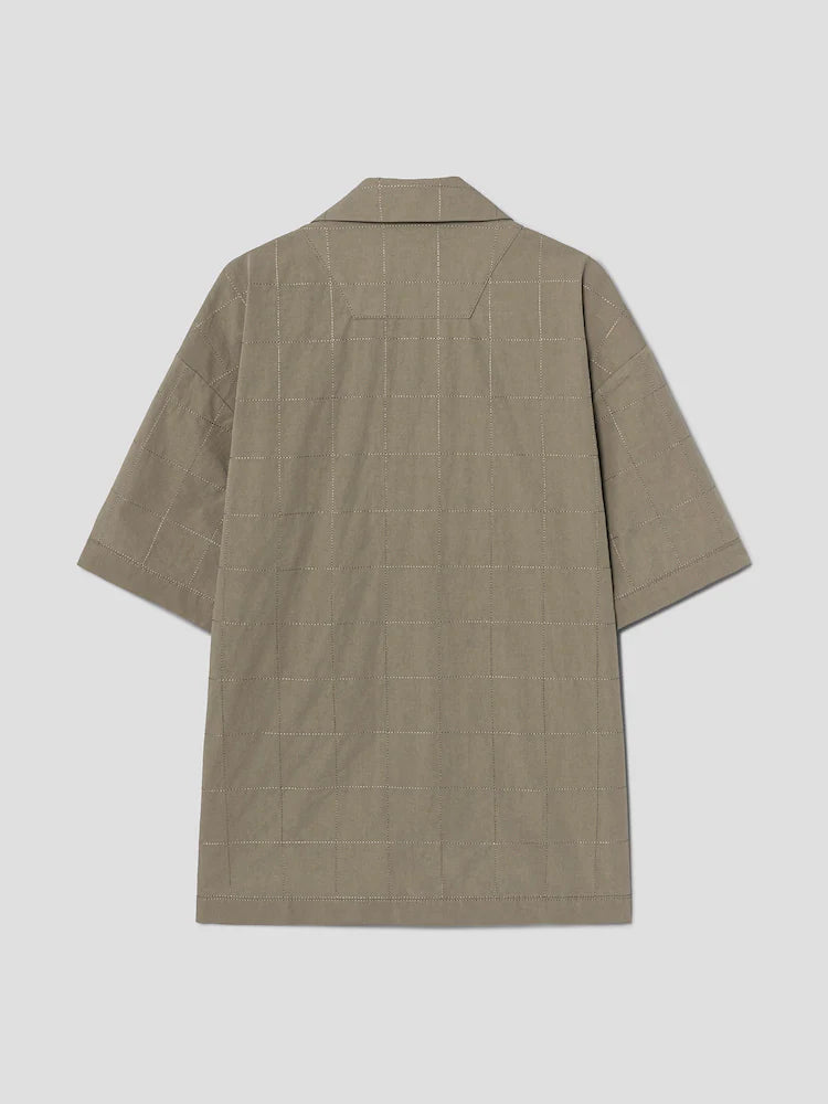 SQUARE STITCH LINEN OPEN COLLAR SHORT SLEEVE SHIRT BEIGE