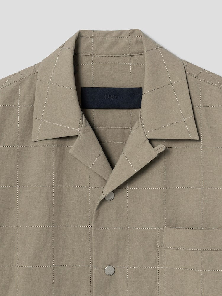 SQUARE STITCH LINEN OPEN COLLAR SHORT SLEEVE SHIRT BEIGE