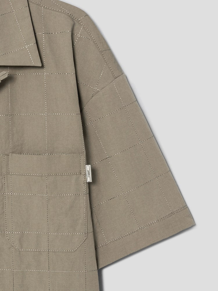 SQUARE STITCH LINEN OPEN COLLAR SHORT SLEEVE SHIRT BEIGE