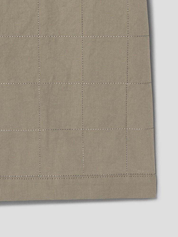 SQUARE STITCH LINEN OPEN COLLAR SHORT SLEEVE SHIRT BEIGE
