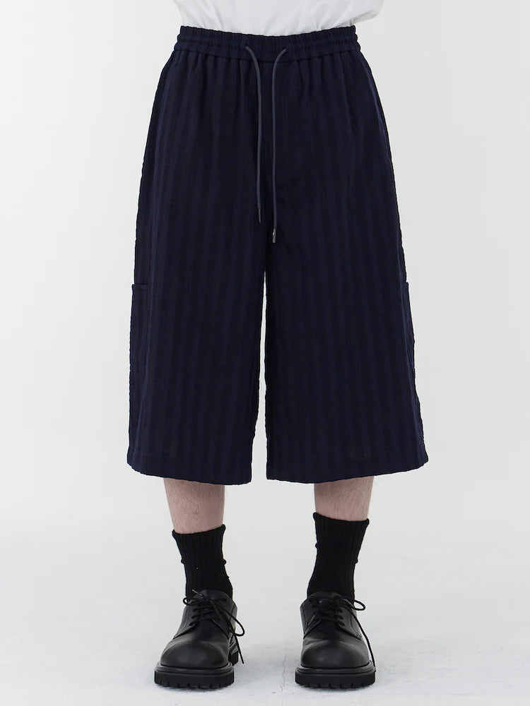 Pantalones cortos largos de carpintero de lana de raya ancha - azul marino