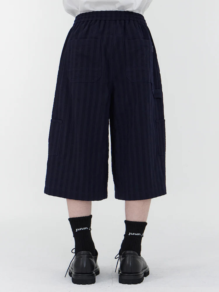 Pantalones cortos largos de carpintero de lana de raya ancha - azul marino