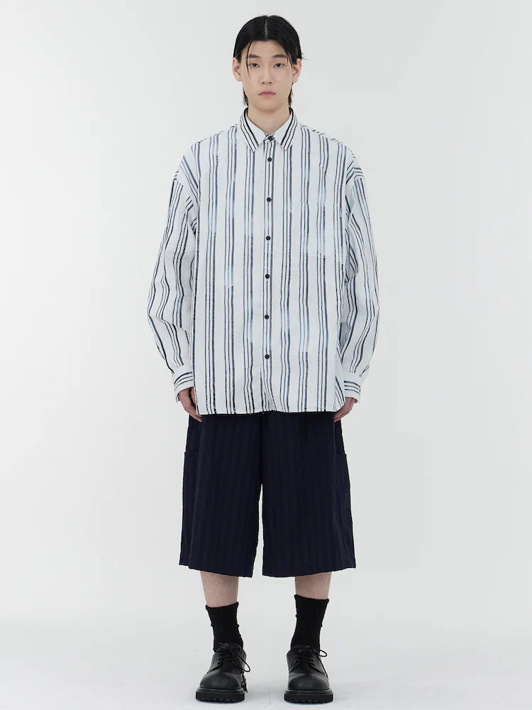 Pantalones cortos largos de carpintero de lana de raya ancha - azul marino