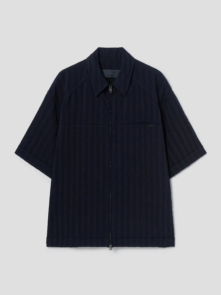 STRIPE WOOL ZIP-UP SHORT SLEEVE SHIRT NAVY