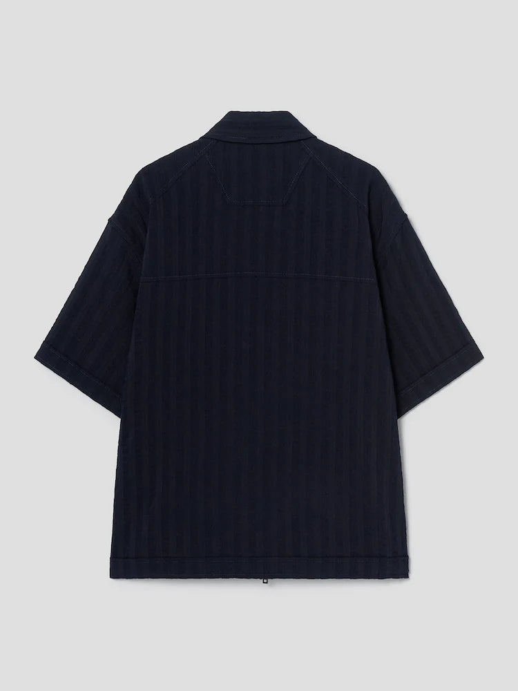 STRIPE WOOL ZIP-UP SHORT SLEEVE SHIRT NAVY