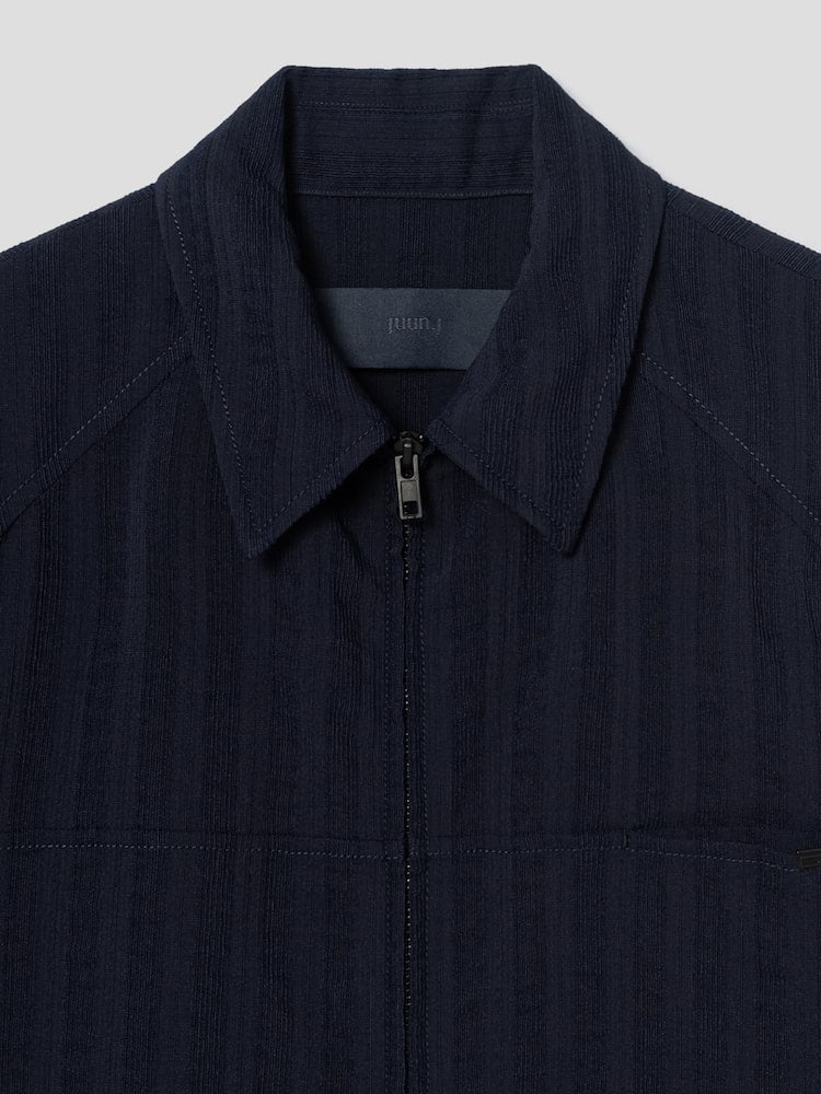 STRIPE WOOL ZIP-UP SHORT SLEEVE SHIRT NAVY