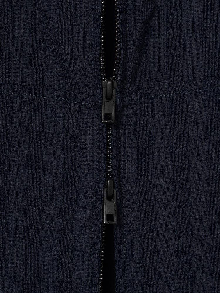 STRIPE WOOL ZIP-UP SHORT SLEEVE SHIRT NAVY