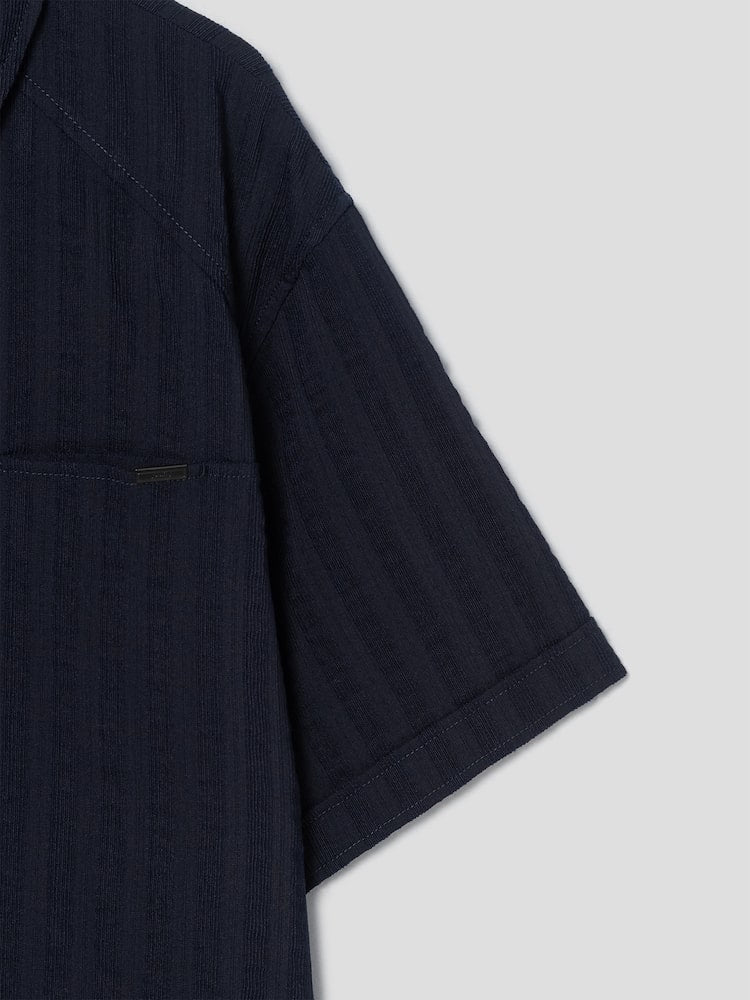 STRIPE WOOL ZIP-UP SHORT SLEEVE SHIRT NAVY