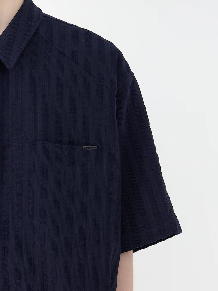 STRIPE WOOL ZIP-UP SHORT SLEEVE SHIRT NAVY