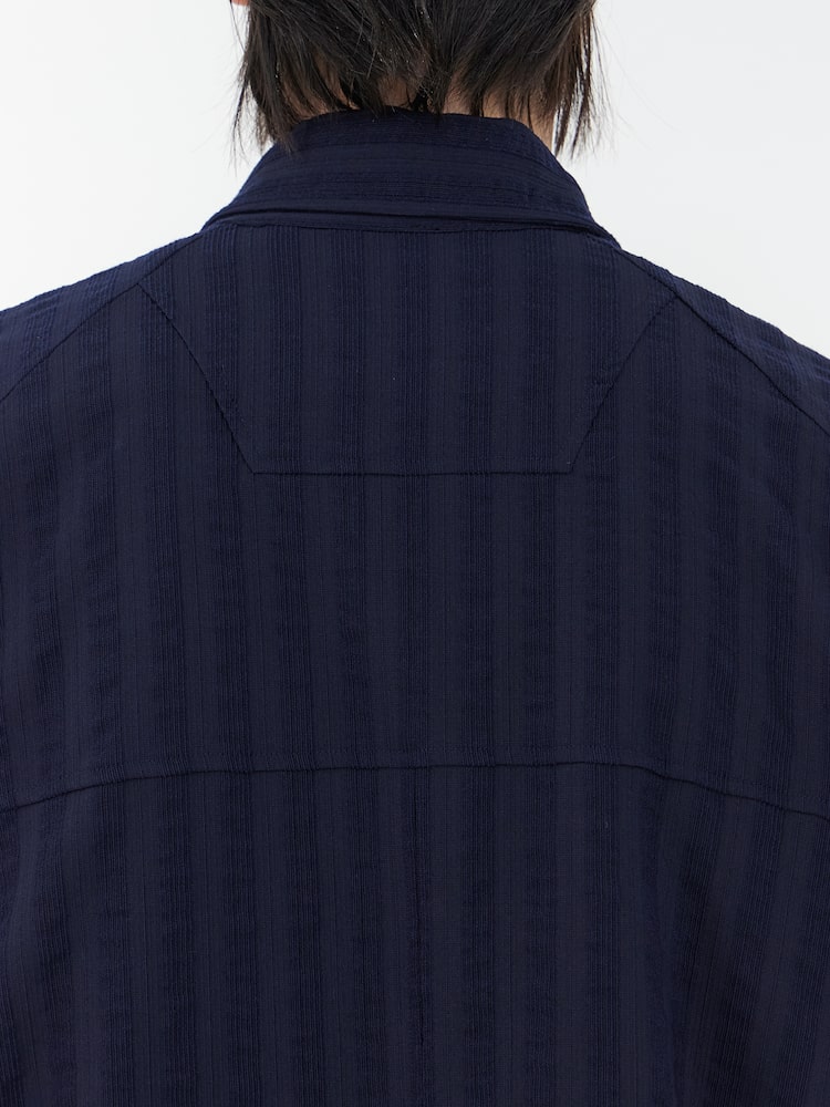 STRIPE WOOL ZIP-UP SHORT SLEEVE SHIRT NAVY