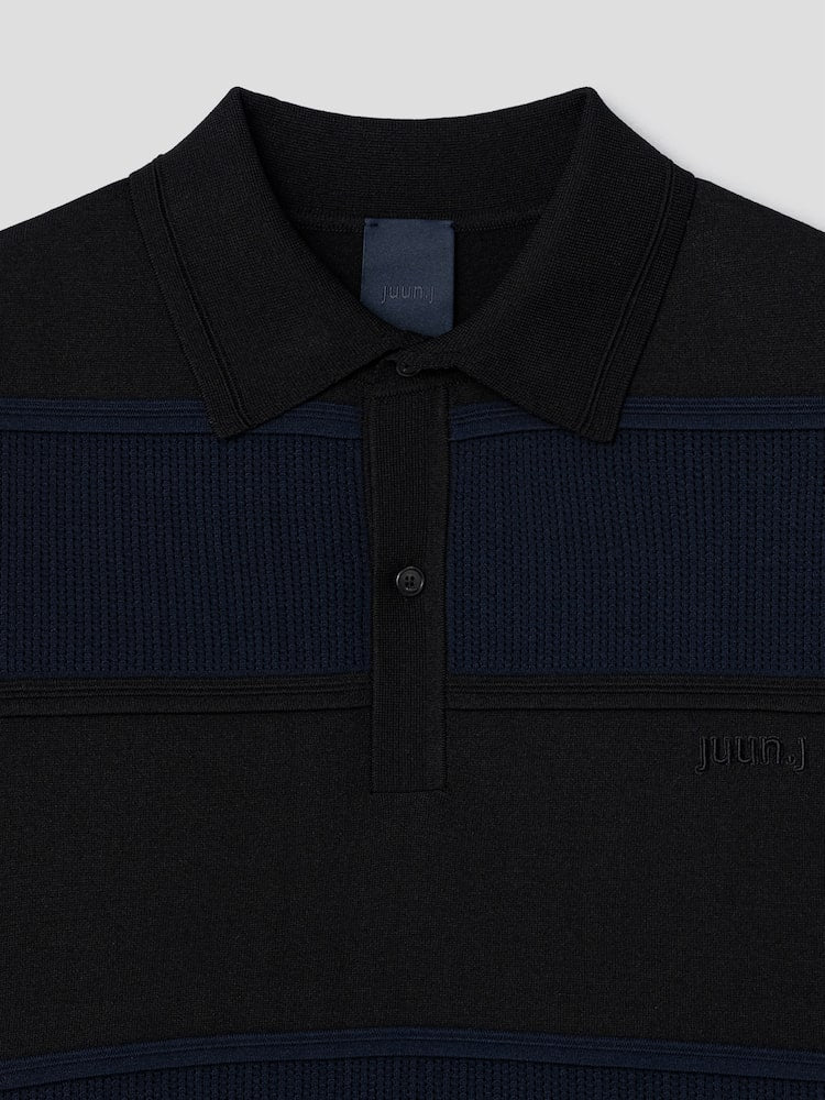 RUNWAY BRIDGE BLACK-NAVY POLO STRIPE SHORT SLEEVE SWEATER BLACK