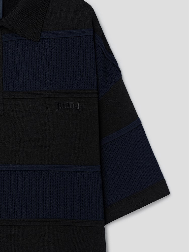 RUNWAY BRIDGE BLACK-NAVY POLO STRIPE SHORT SLEEVE SWEATER BLACK