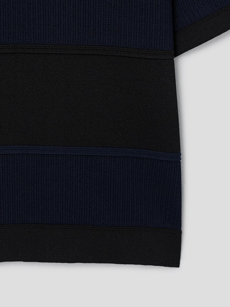 RUNWAY BRIDGE BLACK-NAVY POLO STRIPE SHORT SLEEVE SWEATER BLACK