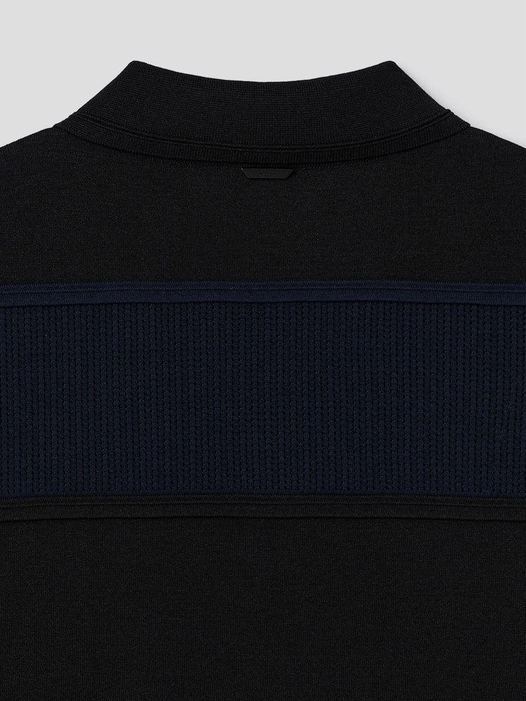RUNWAY BRIDGE BLACK-NAVY POLO STRIPE SHORT SLEEVE SWEATER BLACK
